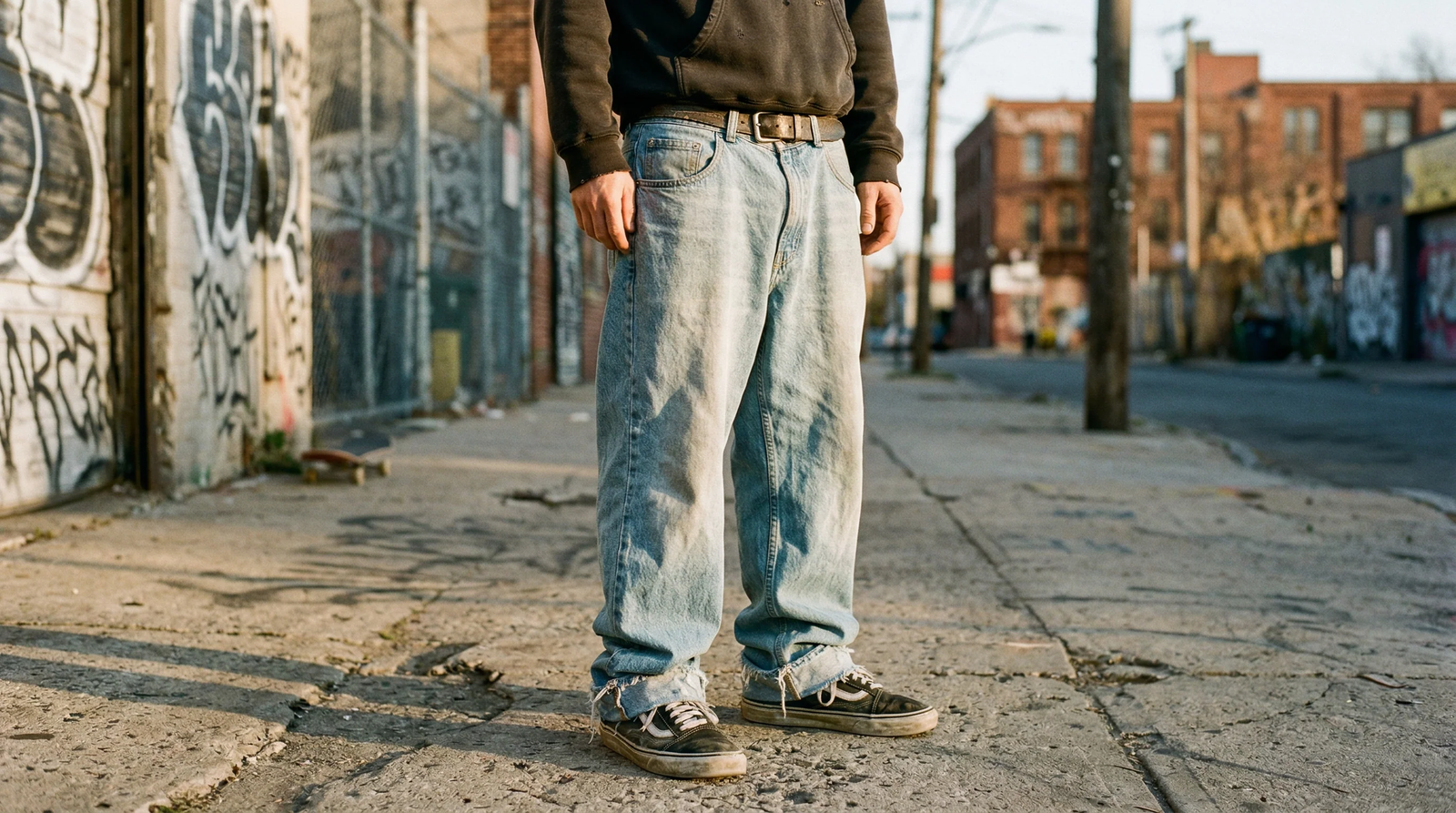 Baggy jeans men styled with an oversized jersey and denim jacket for a Y2K streetwear look
